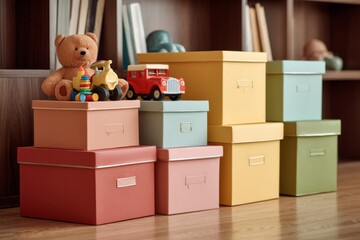 Fototapeta premium Colorful storage boxes with toys on top in a playroom during daytime
