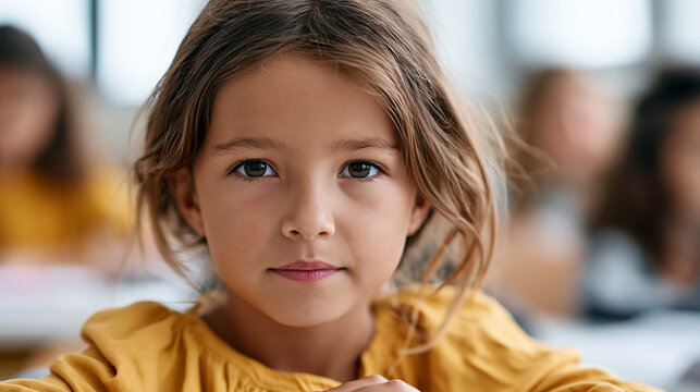 Close-up of a focus on a female child looking at camera with an unreadable expression in a modern classroom, mysterious curiosity concept, child expression photography, classroom