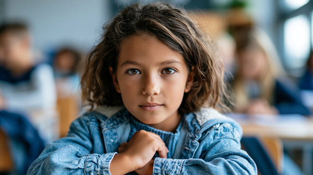 Close-up of a focus on a female child looking at camera with an unreadable expression in a modern classroom, mysterious curiosity concept, child expression photography, classroom