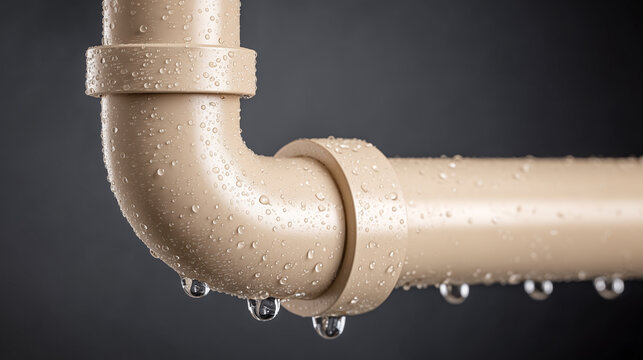 wet plumbing pipe with water leak and condensation in bathroom drain system closeup repair concept