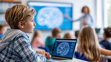 Fototapeta premium Close-up of diverse students giving a presentation in a modern elementary classroom during a biology lesson, presentation education concept, classroom presentation photography,
