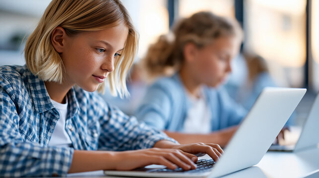 Close-up of two girls using laptops in a modern classroom during a lesson, digital skills concept, girls and laptop photography, computer learning lifestyle, defocused background,