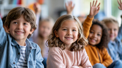 Fototapeta premium Close-up of diverse elementary school students sitting on floor and raising hands, inclusive floor learning concept, floor student photography, classroom engagement visualization,