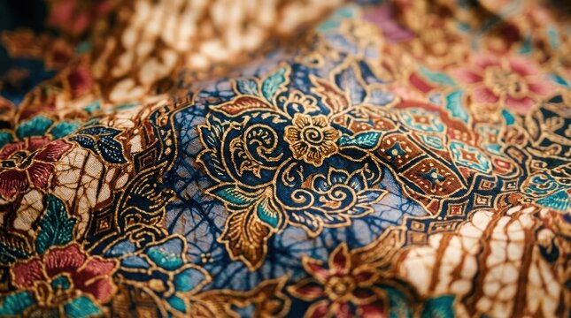 Intricate Batik Fabric with Floral Motifs and Rich Colors.