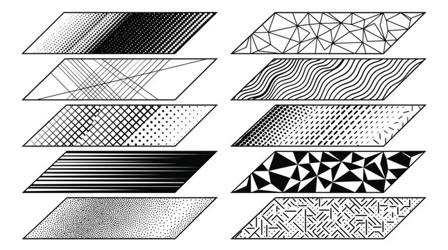 Set of ten black and white geometric parallelogram shapes featuring various modern abstract pattern designs