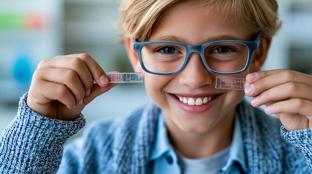 Close-up of a smiling boy examining microscope slides in a classroom, science learning concept, microscope slide photography, STEM education lifestyle, defocused background, with