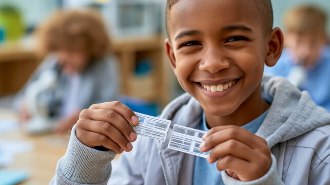 Close-up of a smiling boy examining microscope slides in a classroom, science learning concept, microscope slide photography, STEM education lifestyle, defocused background, with