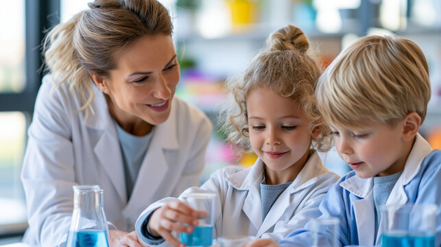 Close-up of a European pedagogue viewed from the side guiding soft science experiments with children in a bright classroom, science teaching concept, side view teacher