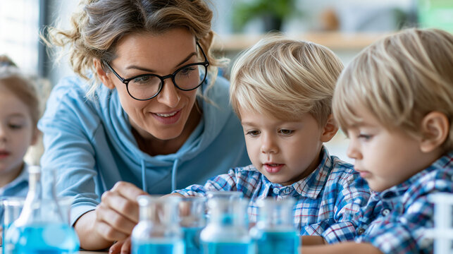 Close-up of a European pedagogue viewed from the side guiding soft science experiments with children in a bright classroom, science teaching concept, side view teacher