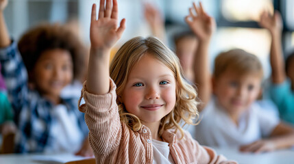 Fototapeta premium Close-up of diverse elementary students eagerly raising hands to answer questions in a bright classroom, enthusiastic learning concept, student hand photography, academic
