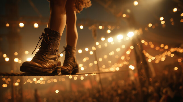 Female tightrope walker balancing on rope above festival crowd with glowing carnival lights and dramatic night atmosphere
