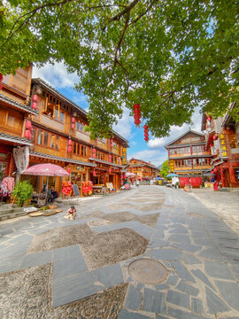 Scenic view of Zhaoxing Dong Village streets adorned with traditional architecture.