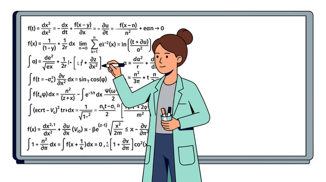 Professional female scientist in green lab coat writing complex mathematical formulas on a large whiteboard concept of advanced scientific research