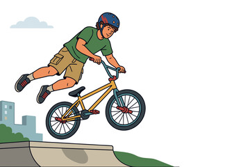 Fototapeta premium Brave young caucasian boy executing a high extreme jump on a bmx bicycle in mid air concept of active youth extreme sports hobby