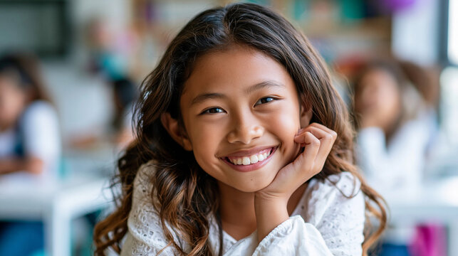 Close-up of a happy young girl student smiling in a modern classroom during a lesson, cheerful student concept, girl classroom photography, joyful education lifestyle, defocused