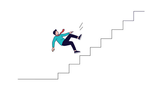 Man in business attire loses his balance and falls backward down a set of stairs in a workplace accident illustration.
