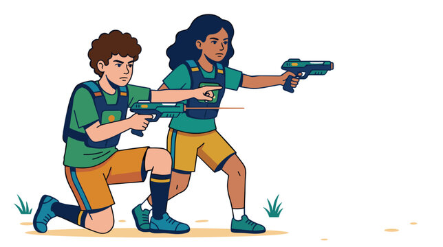 Excited multiethnic group of young friends playing laser tag game with glowing blasters inside neon arena concept of team entertainment and corporate leisure