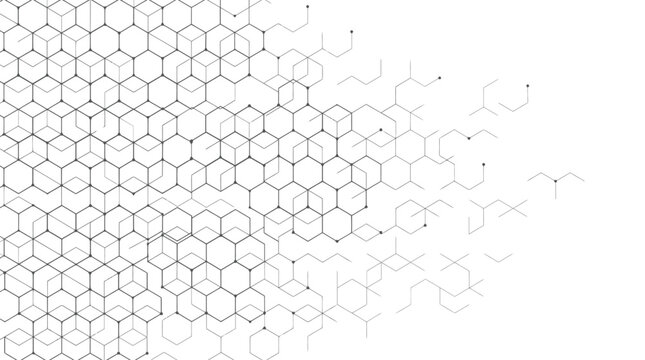 Abstract technological background featuring a complex hexagonal grid pattern with thin black lines and dots
