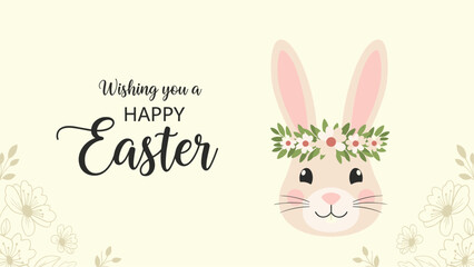 Fototapeta premium Cream-colored rabbit wearing a crown of pink flowers and green leaves wishes you a very happy Easter on a light beige background.