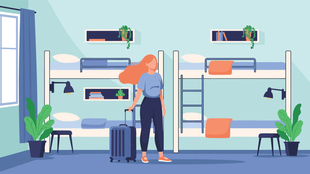 Young woman with a suitcase standing in the middle of a modern hostel dormitory featuring rows of clean white bunk beds.