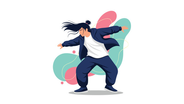 Dynamic modern dancer with long hair performing an expressive hip hop move against a background of colorful abstract shapes.