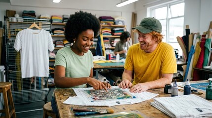 Fototapeta premium Two diverse artists collaborating on a printmaking project in a bright studio.