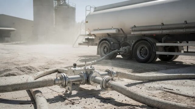 Medium shot capturing a dry dustfilled feedstock unloading area where a tanker truck is linked to a manifold under bright daylight.