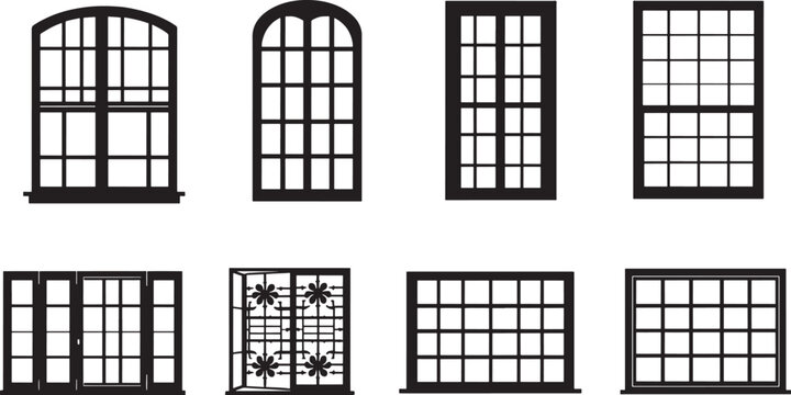 Collection of various window, grill, designs in black silhouette
