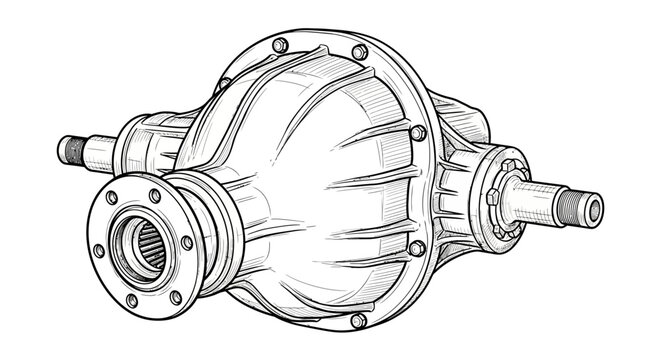 A black and white line art sketch depicts a differential housing on a white background.