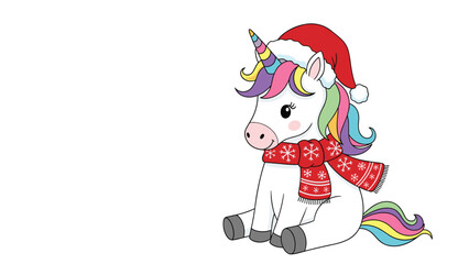 Naklejka premium Adorable white unicorn wearing a red santa hat and snowflake scarf sitting peacefully on a clean white background.