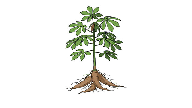 Full botanical illustration of a cassava plant with green palmate leaves and edible tuberous roots on a white background.