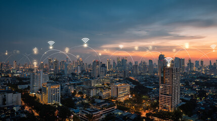 Fototapeta premium wifi Smart digital Innovation city with connection network reciprocity over the city of future smart wireless digital city and social media networking systems