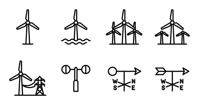 8 Renewable Energy icons wind turbines, sustainable power outline solid styles, UI and web interface design