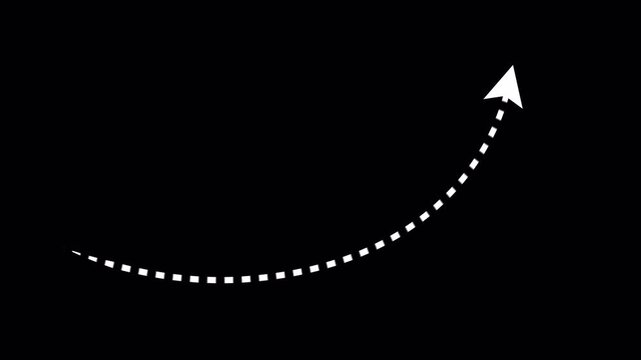 Animated white dotted arrow growing upward in curved path on transparent background with alpha channel