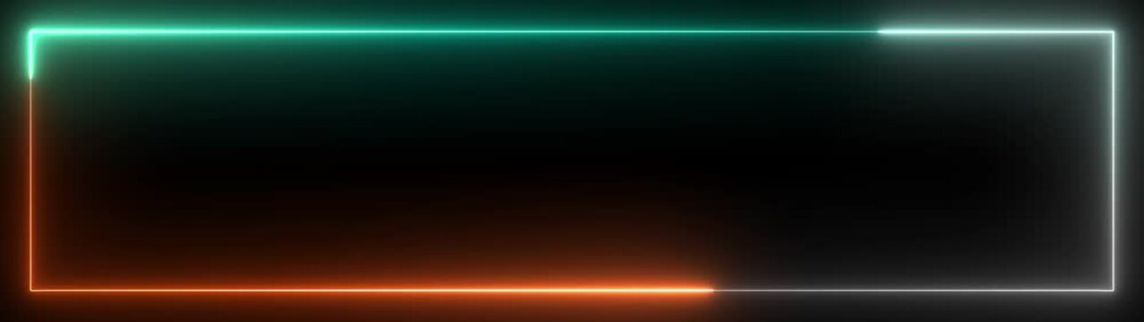 Minimal Animated Background Loop for YouTube and Presentations, Ultra Wide 32:9 Rectangle Picture Frame with Cyan, white and Orange Neon Color, Isolated Black Background, Dual Monitor 4K Video Overlay