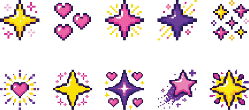 Colorful pixel art hearts and star sparkles collection for social media stickers and game UI asset design featuring vibrant pink and yellow retro graphic elements