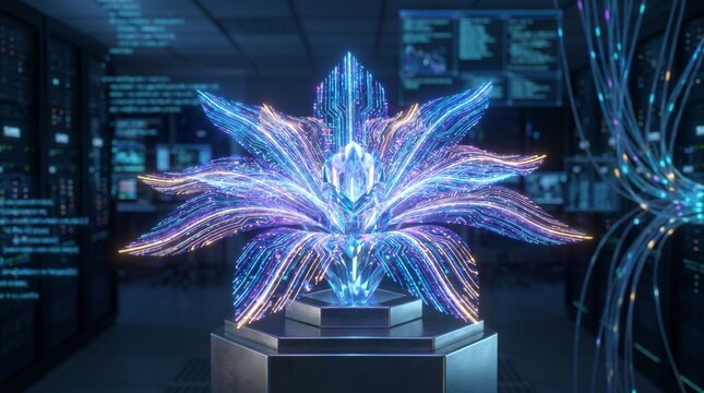 Glowing blue digital flower blooms in futuristic tech lab setting