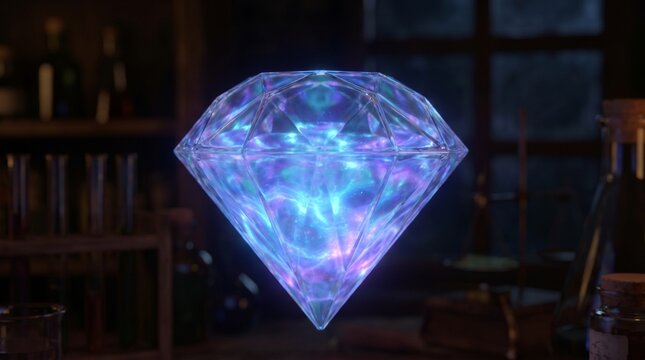 Glowing blue liquid in a diamond shape in a dark room