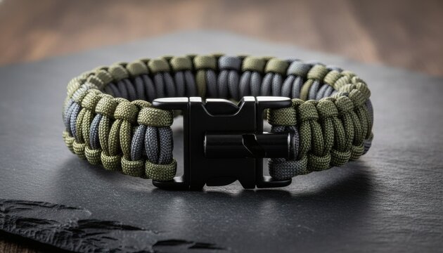 Close up of a green and grey paracord survival bracelet on a dark slate surface, representing tactical EDC gear and outdoor preparedness concept