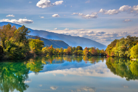 Beautiful turquoise Una River in Bosnia and Herzegovina in autumn