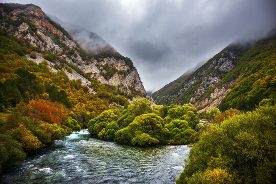 Beautiful turquoise Una River in Bosnia and Herzegovina in autumn