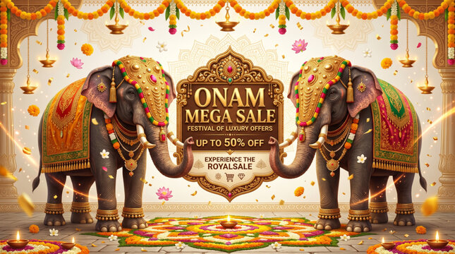 Festive Onam mega sale banner with decorated Kerala elephants and traditional cultural shopping theme