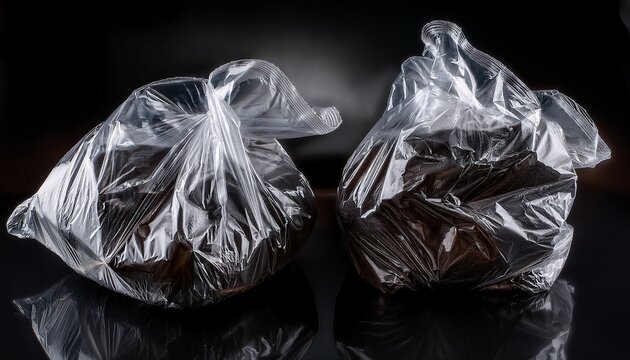 Two Crumpled Clear Wrappers Filled With Dark Textured Material On A Stark Black Background