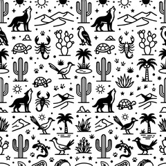 Obraz premium Desert wildlife animals and cactus line art doodle seamless pattern on beige background vector illustration