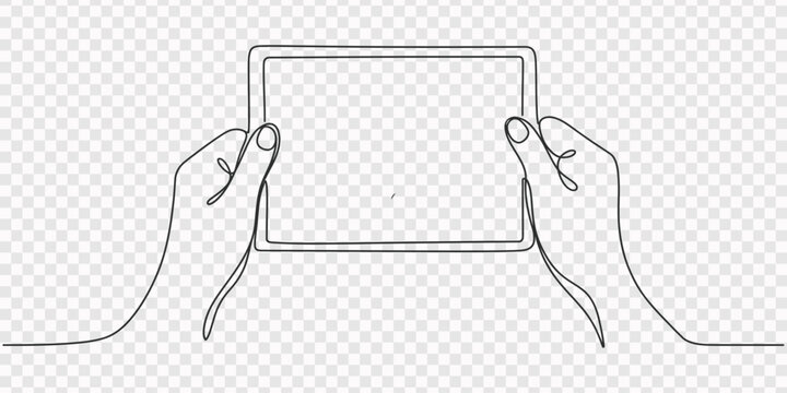 Caucasian female adult smiling while holding a tablet in continuous line art. No editable stroke, Continuous one line drawing of hands holding tablet showing candlestick stock graph, stock investment 