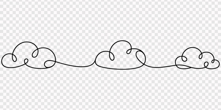 Continuous line clouds. Single continuous line art rainy cloud. Cloudy weather. Vector illustration., Minimalist one continuous line drawing of a cloud weather symbol on white background Vector