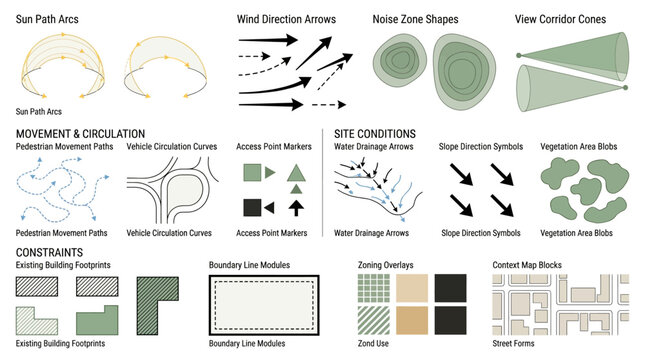 Architectural site analysis vector kit with sun path, wind arrows, noise zones, access points and urban planning diagram elements