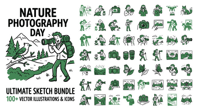 Nature photography day ultimate sketch bundle, 100+ vector illustrations and icons, hand drawn outdoor photographer and wildlife camera equipment set