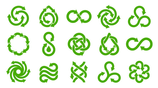 Big set of infinity recycle icon and flow arrow symbols. Recycle recycling symbol. Vector illustration. Isolated on white background.