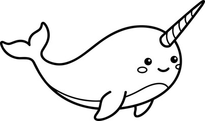 Cute Narwhal Outline Drawing, Kawaii Whale with Tusk, Simple Vector Art for Kids © Sugar